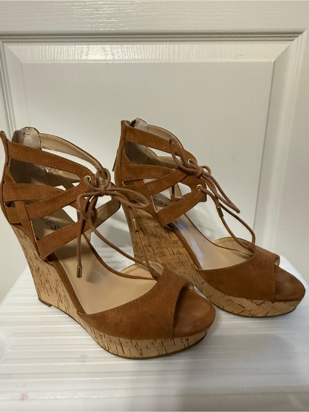 Guess Brown Lace-Up Cork Wedge Sandals